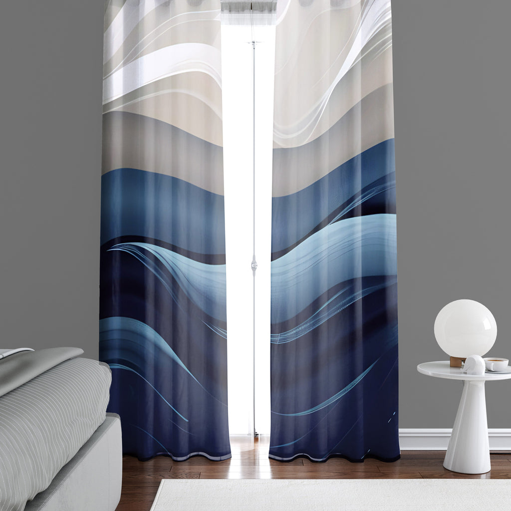 Abstract Window Curtain - Tan and Blue Midnight Sand Dunes - Deja Blue Studios