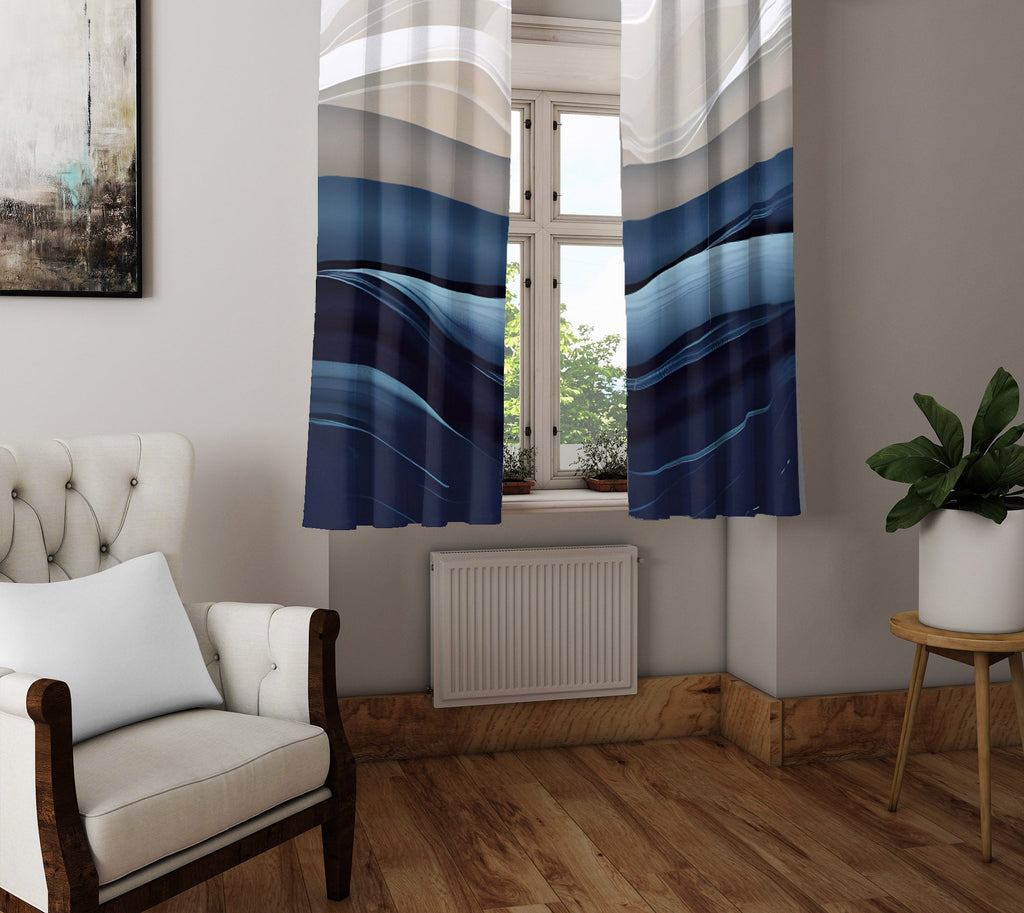 Abstract Window Curtain - Tan and Blue Midnight Sand Dunes - Deja Blue Studios
