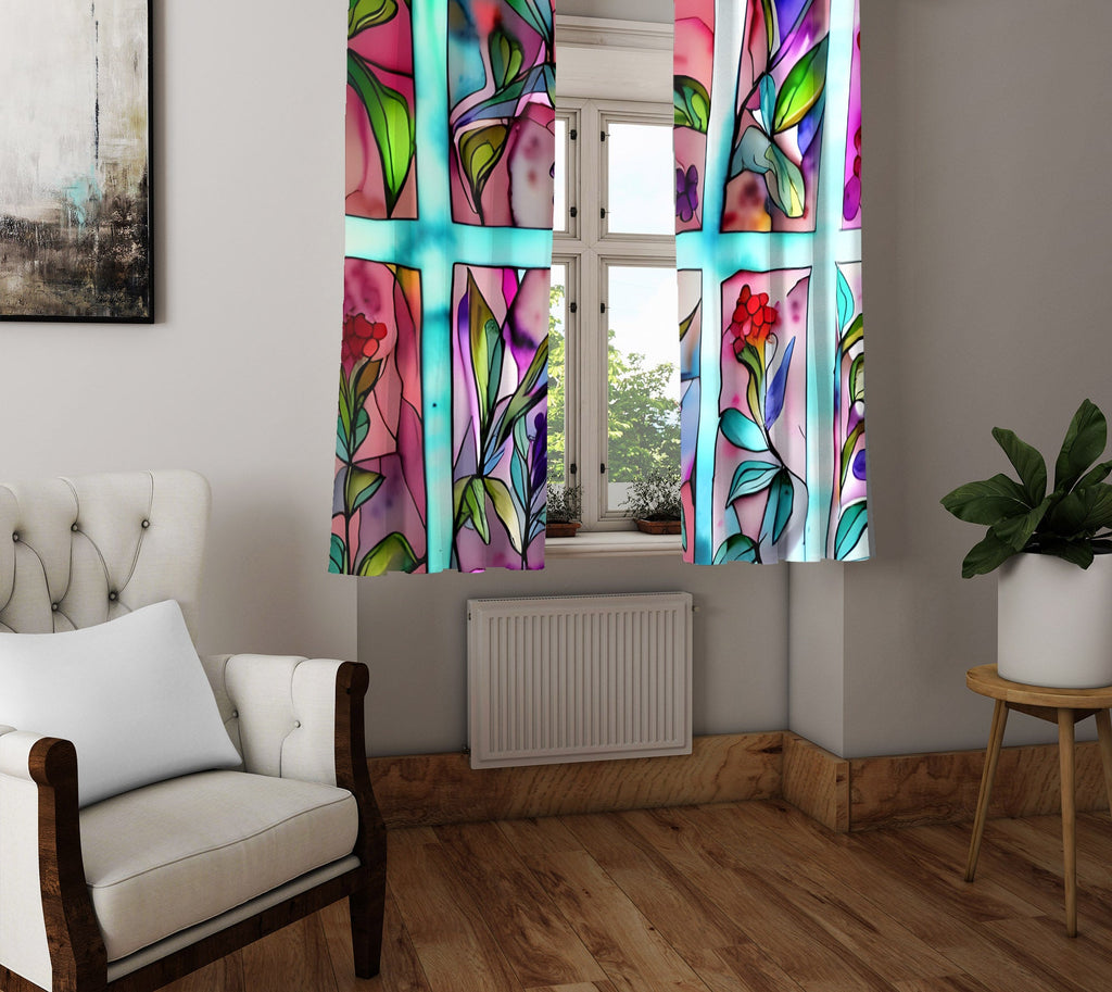 Floral Window Curtain - Rainbow Stained Glass Leaves - Deja Blue Studios