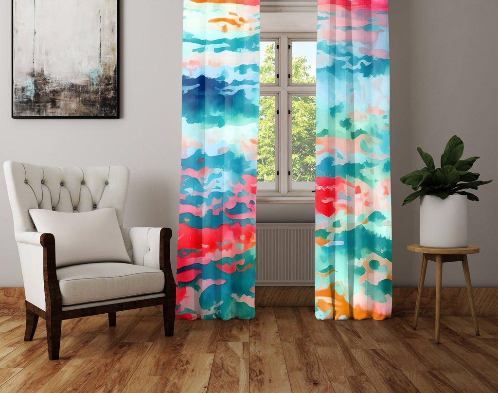 Abstract Window Curtain - Red and Blue Sunrise Ocean Water - Deja Blue Studios