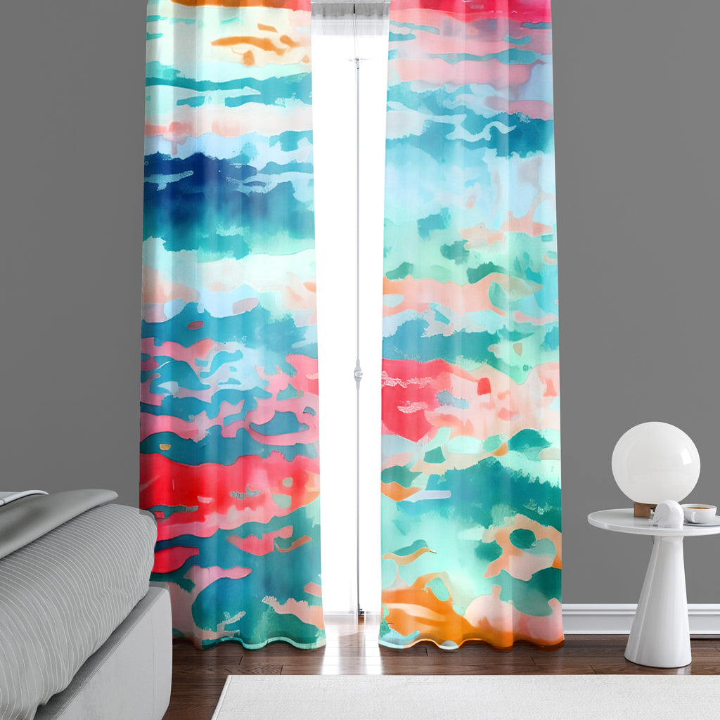 Abstract Window Curtain - Red and Blue Sunrise Ocean Water - Deja Blue Studios