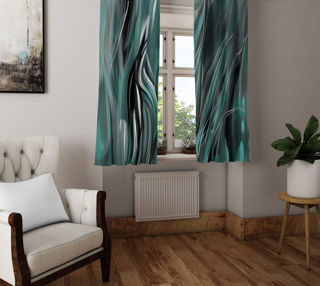 Abstract Window Curtain - Wavy Green Midnight Grass - Deja Blue Studios