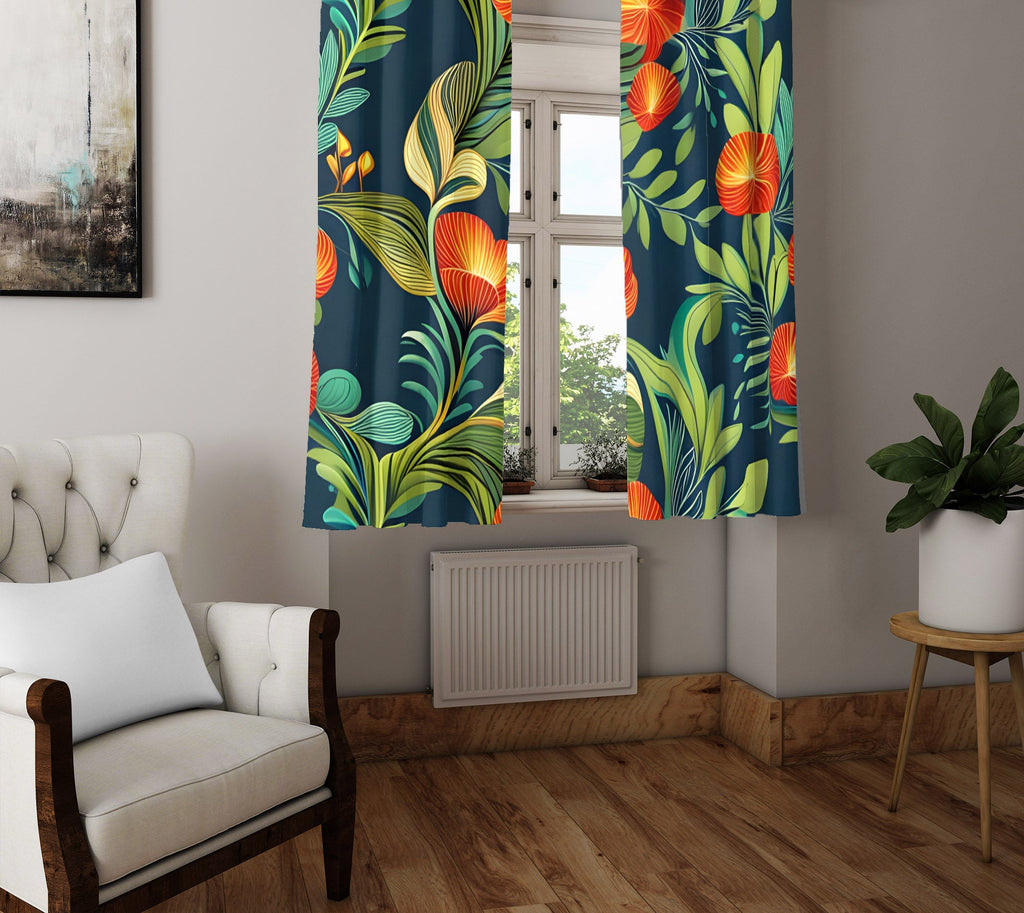 Floral Window Curtain - Funky Minimalist Orange and Green Poppies - Deja Blue Studios