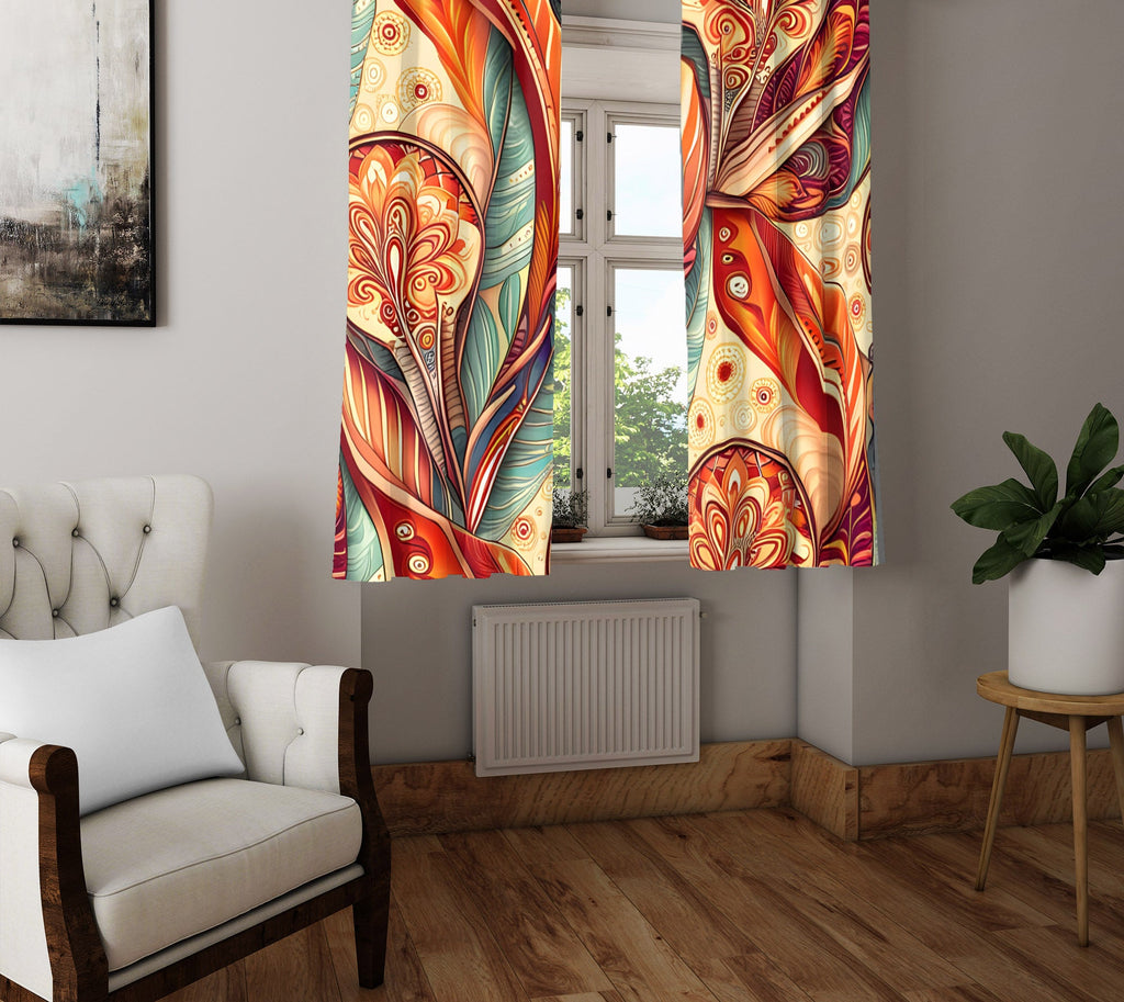 Paisley Window Curtain - Orange and Blue Abstract Paisley Print - Deja Blue Studios