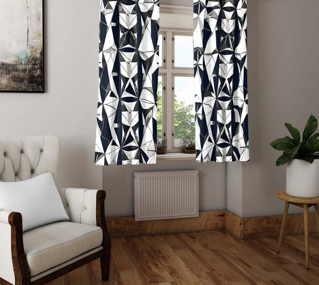 Abstract Window Curtain - Fractured Black and White Geometric Shapes - Deja Blue Studios
