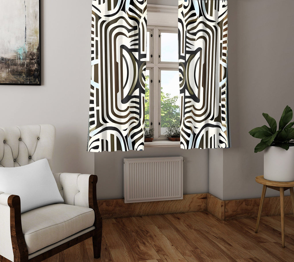 Geometric Window Curtain - Brown and Beige Art Deco Style Pattern - Deja Blue Studios