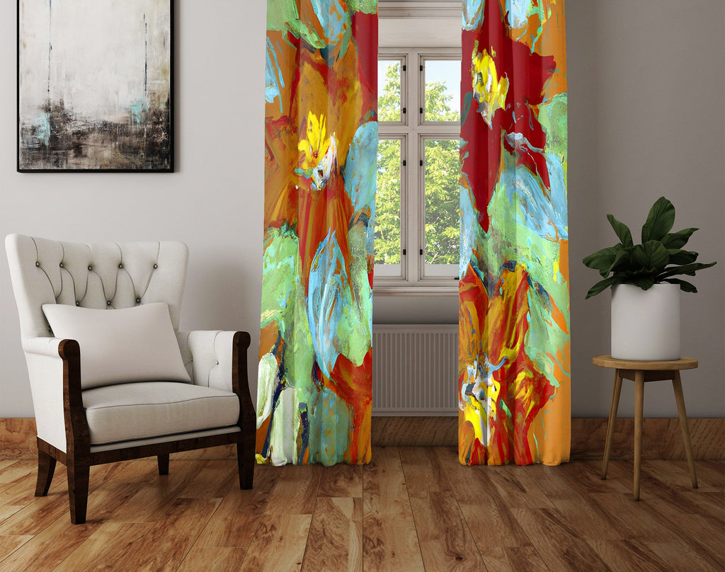 Floral Window Curtain - Red and Green Gauche Paint Poinsettas - Deja Blue Studios