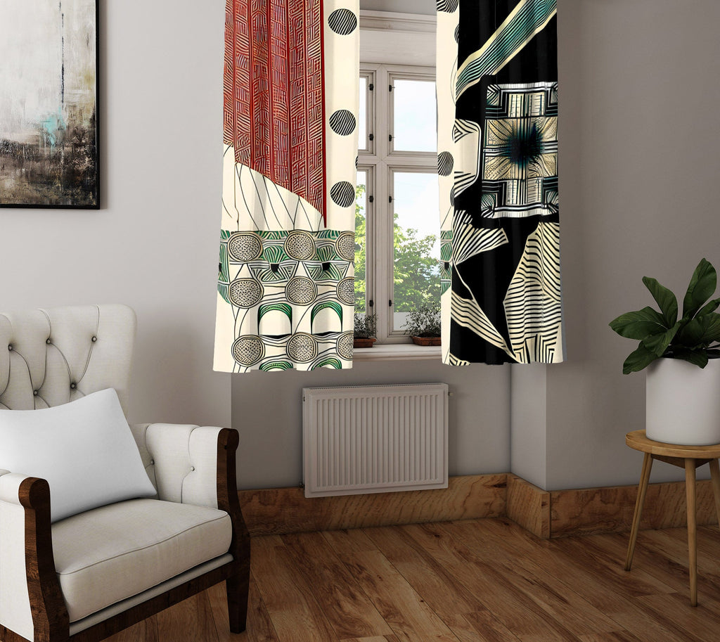 Abstract Window Curtain - Red and Blue Multi Pattern Spots and Stripes - Deja Blue Studios