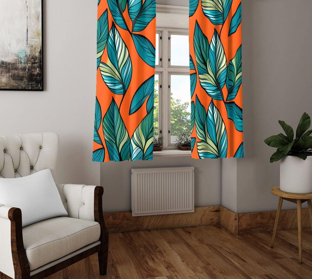 Floral Window Curtain - Orange and Green Palm Fern Pattern - Deja Blue Studios