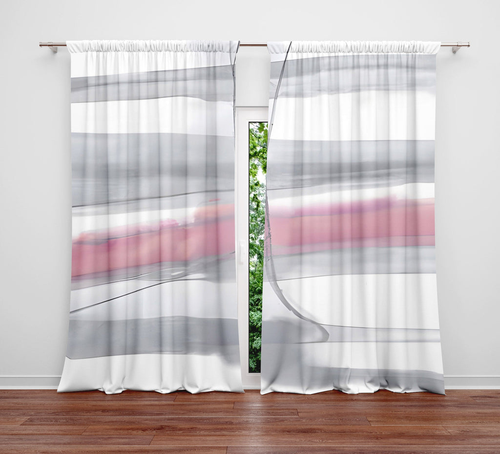 Striped Window Curtain - Gray and Pink Watercolor Horizontal Stripes - Deja Blue Studios