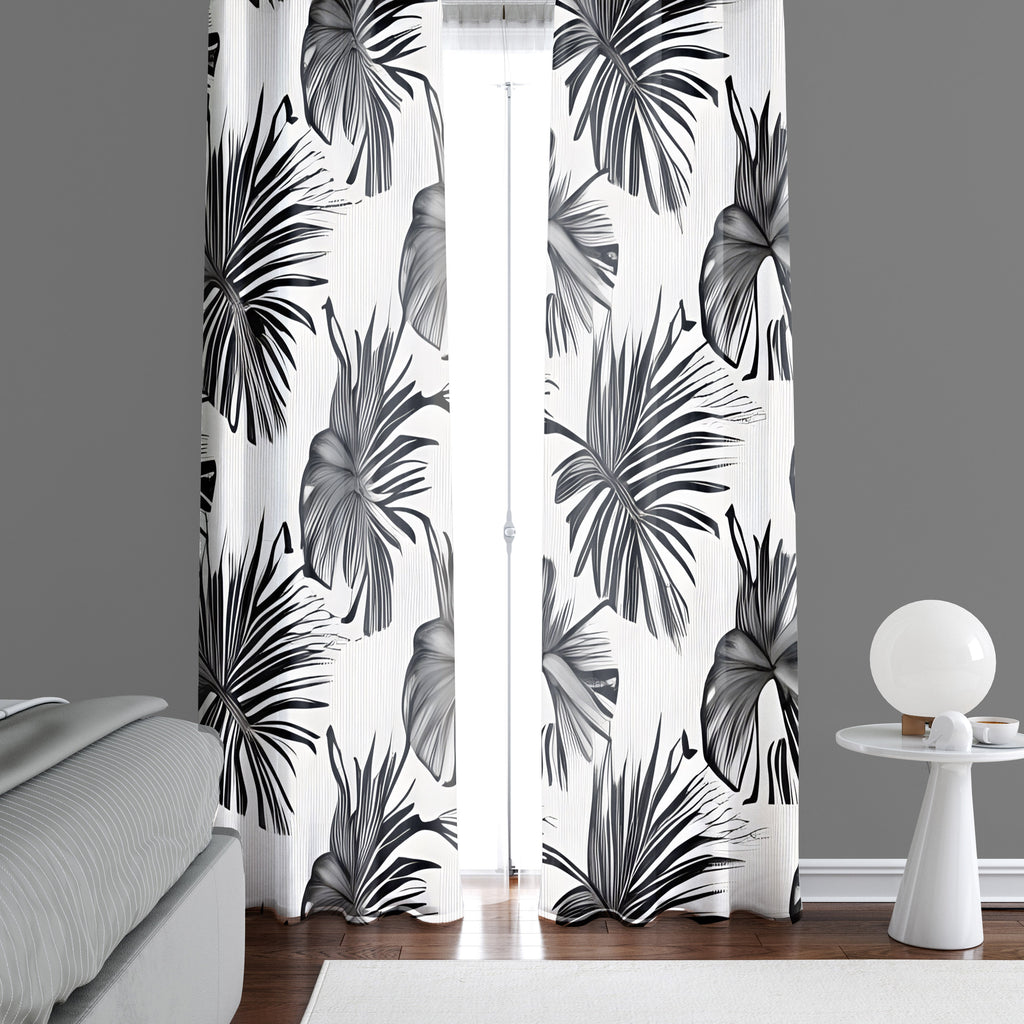 Floral Window Curtain - Abstract Black and White Monstera Leaves - Deja Blue Studios