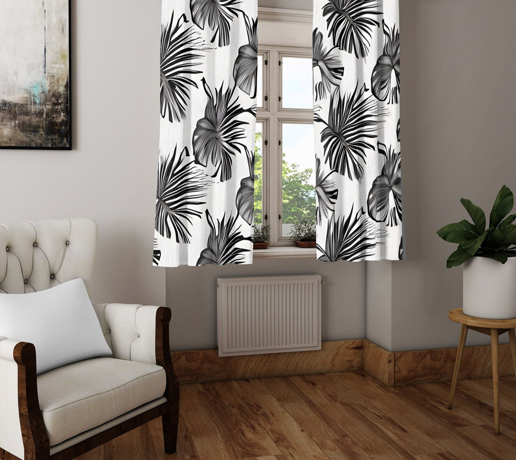 Floral Window Curtain - Abstract Black and White Monstera Leaves - Deja Blue Studios