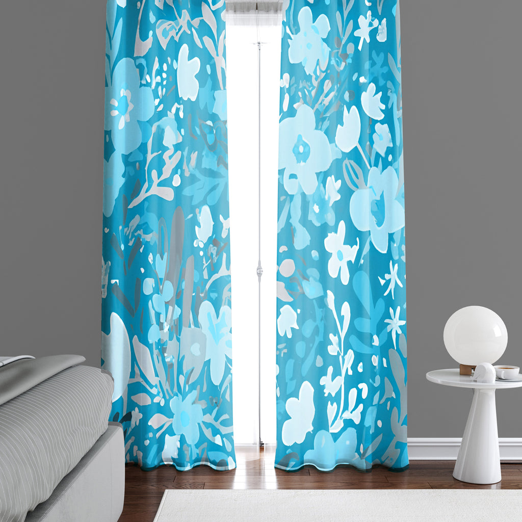 Floral Window Curtain - Winter Blue Icy Daisy Bouquet - Deja Blue Studios