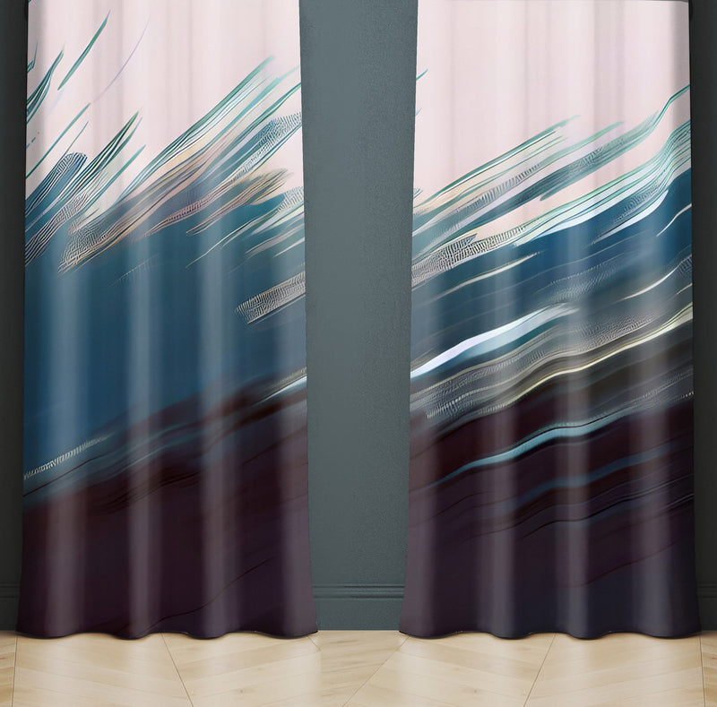 Abstract Window Curtain - Blue and Black Feathered Paint Swipes - Deja Blue Studios