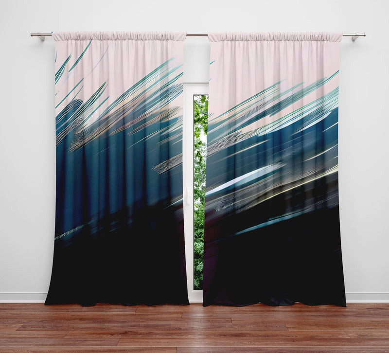 Abstract Window Curtain - Blue and Black Feathered Paint Swipes - Deja Blue Studios