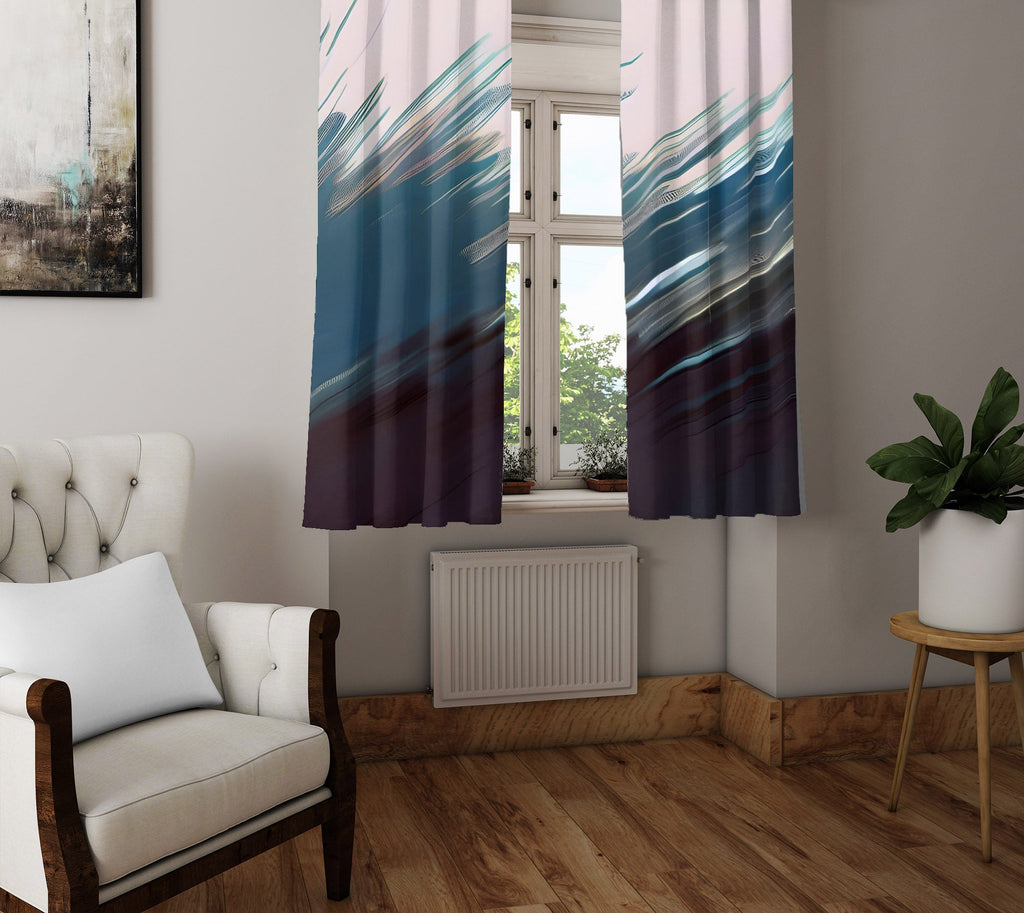 Abstract Window Curtain - Blue and Black Feathered Paint Swipes - Deja Blue Studios