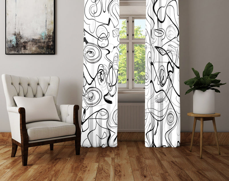 Abstract Window Curtain - Black and White Swirly Squiggles - Deja Blue Studios