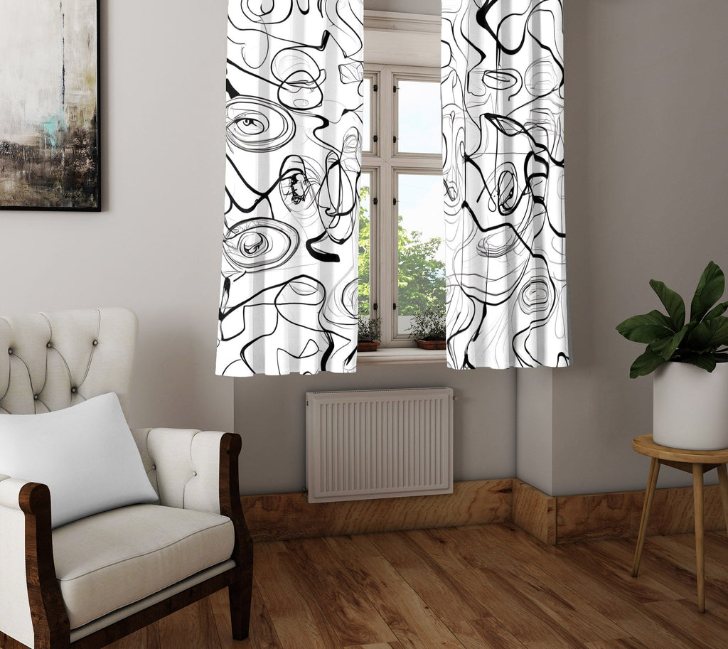 Abstract Window Curtain - Black and White Swirly Squiggles - Deja Blue Studios