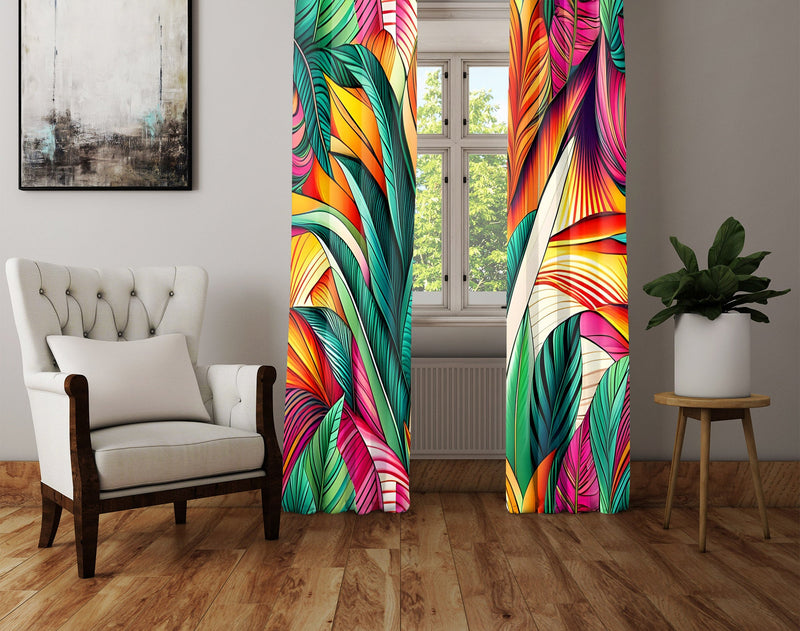 Floral Window Curtain - Green, Orange, and Pink Rainforest Leaves - Deja Blue Studios