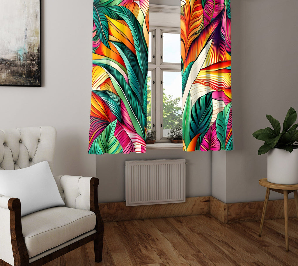 Floral Window Curtain - Green, Orange, and Pink Rainforest Leaves - Deja Blue Studios