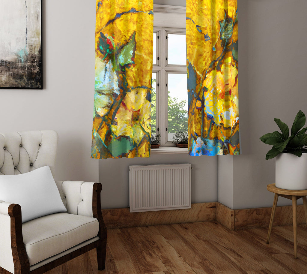 Floral Window Curtain - Van Gogh Inspired Yellow Flowers - Deja Blue Studios