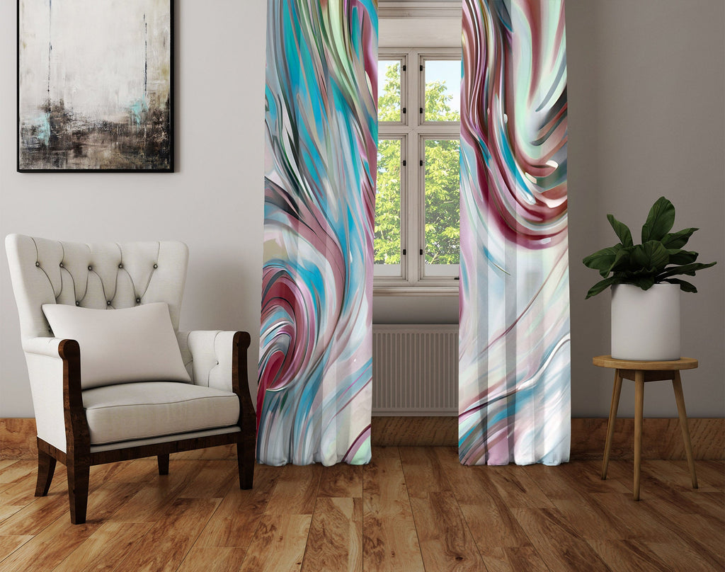 Abstract Window Curtain - Blue and Red Painted Swirls - Deja Blue Studios