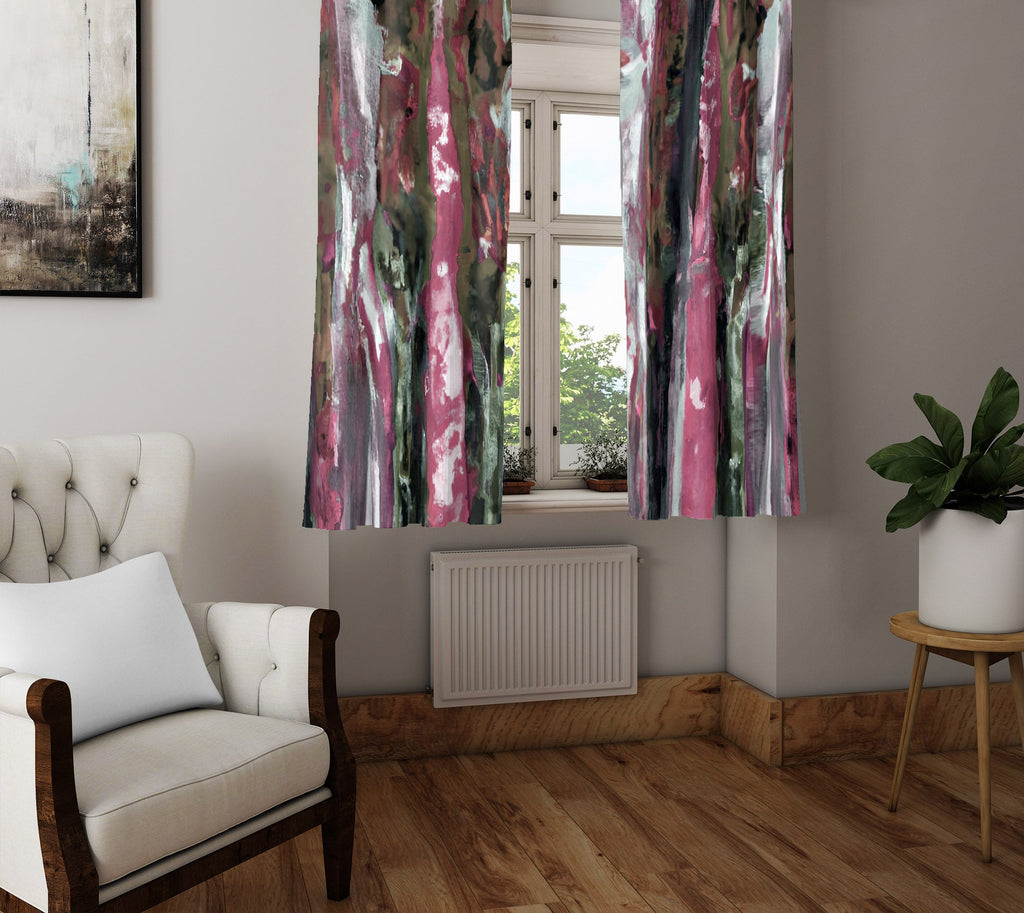 Striped Window Curtain - Pink and Green Watercolor Stripes - Deja Blue Studios