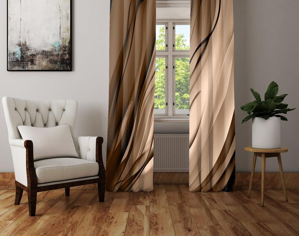 Abstract Window Curtain - Tan and Brown Wavy Afternoon - Deja Blue Studios