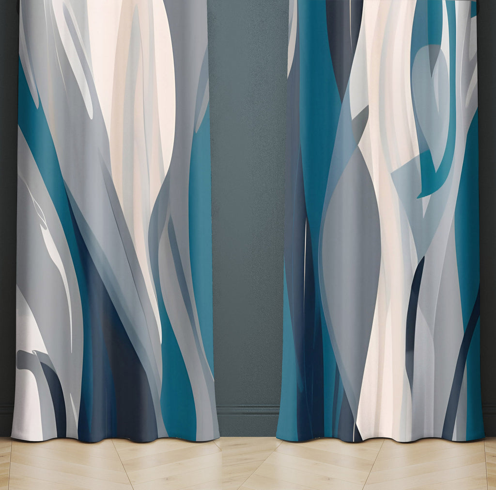 Abstract Window Curtain - Teal and Beige Beachy Ocean Waves - Deja Blue Studios