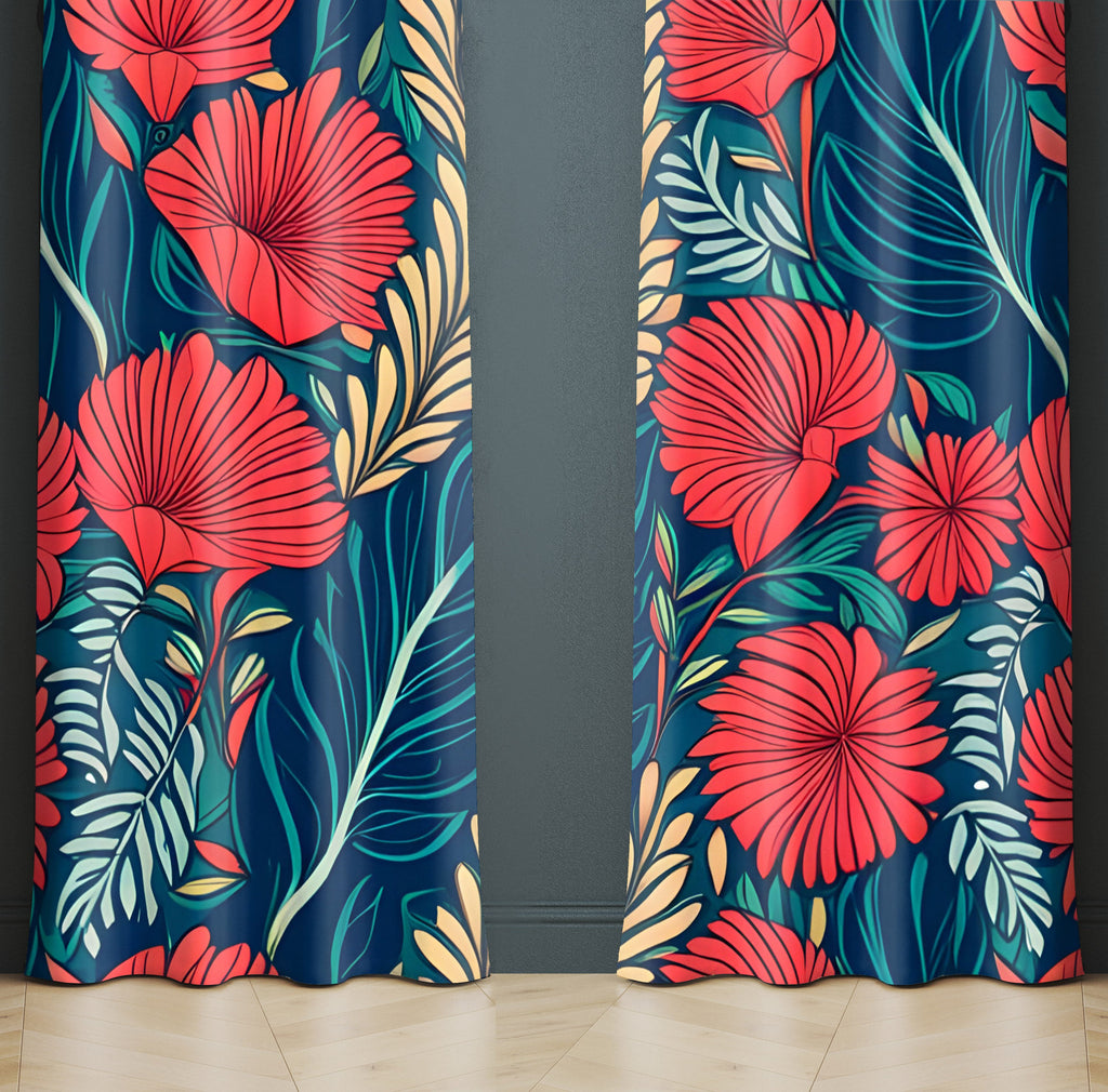 Floral Window Curtain - Blue and Coral Abstract Fan Flowers - Deja Blue Studios