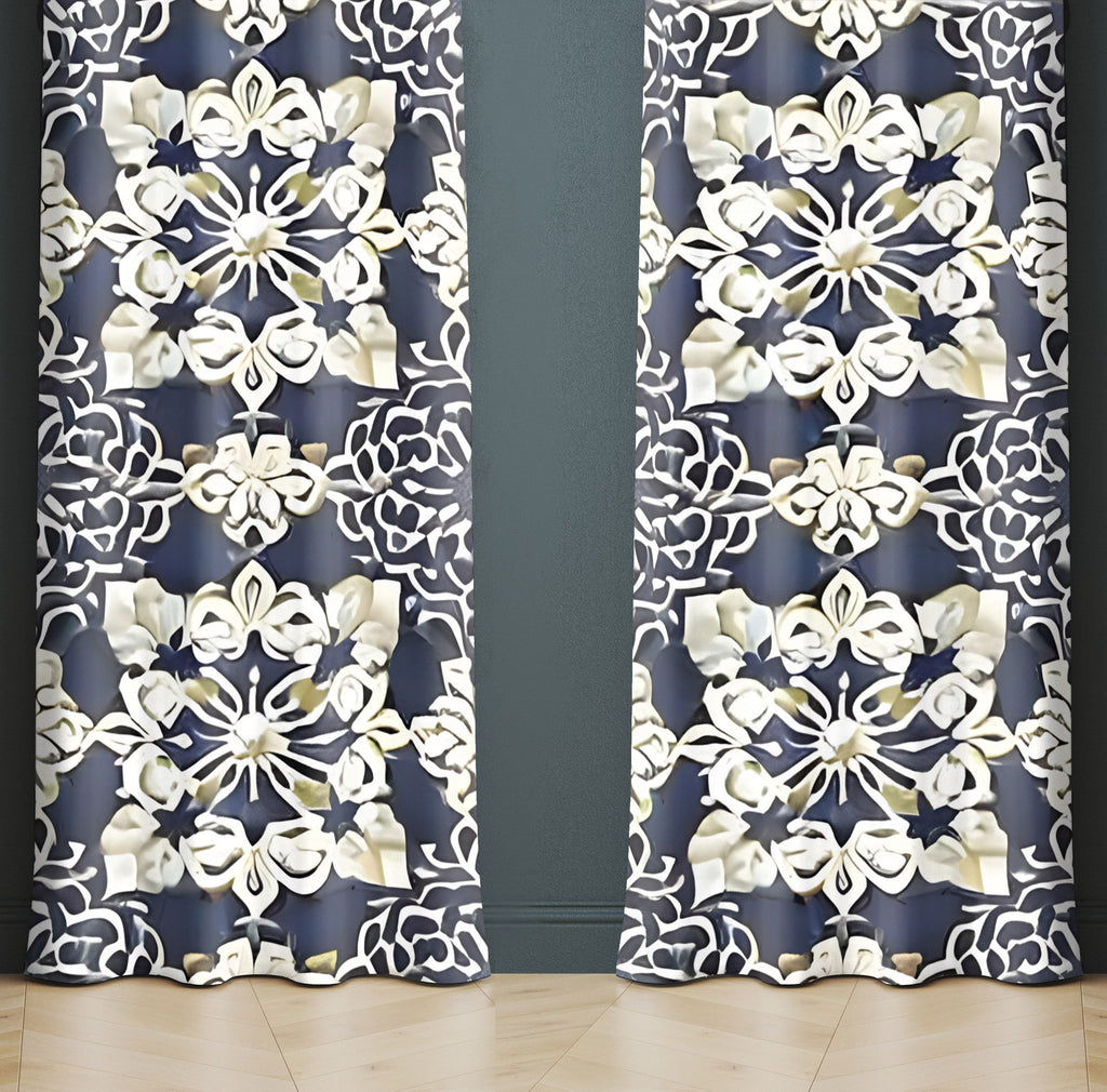Abstract Window Curtain - Beige and Steel Blue Demask Medallions - Deja Blue Studios