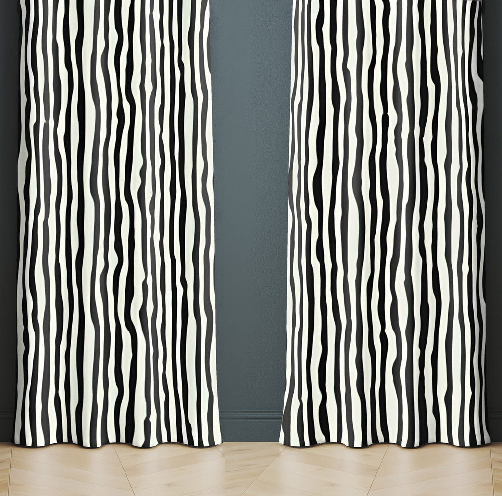 Striped Window Curtain - Black and White Wavy Stripes - Deja Blue Studios