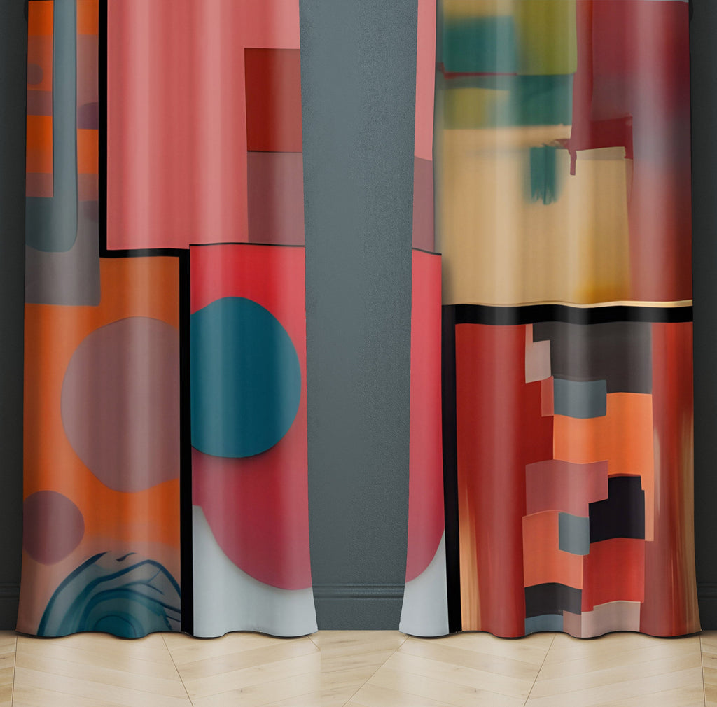 Abstract Window Curtain - Red and Blue Art Deco Painting Pattern - Deja Blue Studios