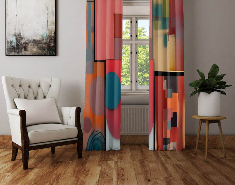 Abstract Window Curtain - Red and Blue Art Deco Painting Pattern - Deja Blue Studios