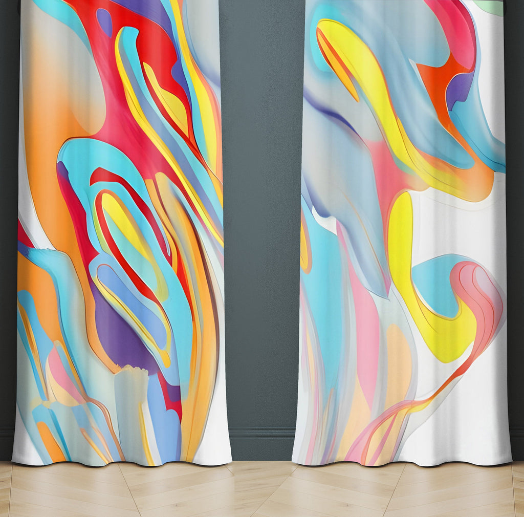Abstract Window Curtain - Red, Yellow, and Gray Primary Painted Swirls - Deja Blue Studios