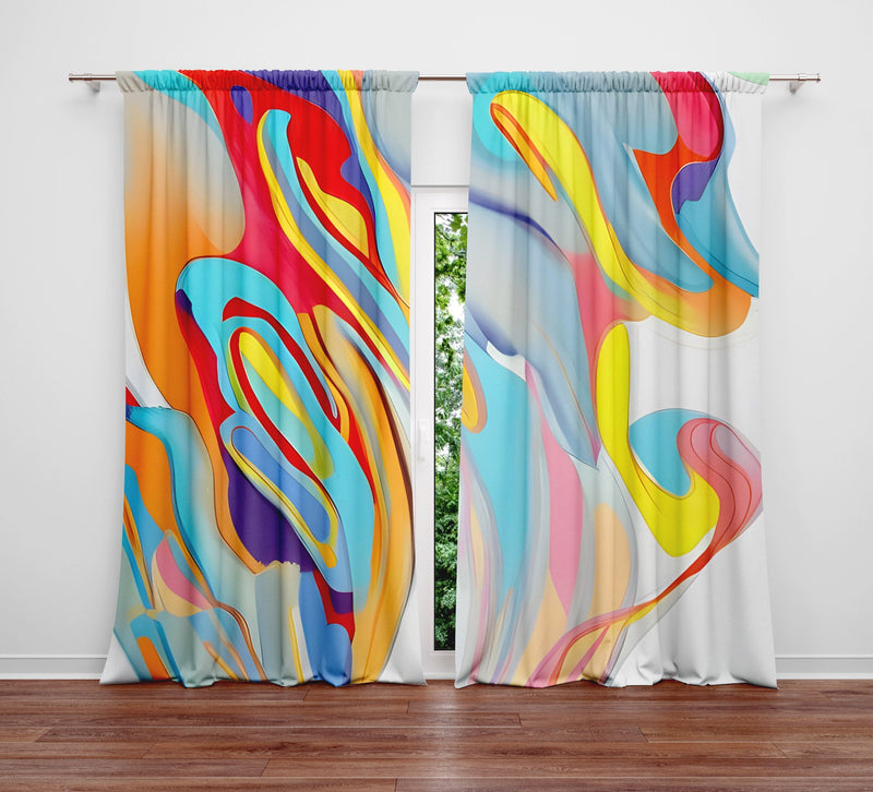 Abstract Window Curtain - Red, Yellow, and Gray Primary Painted Swirls - Deja Blue Studios
