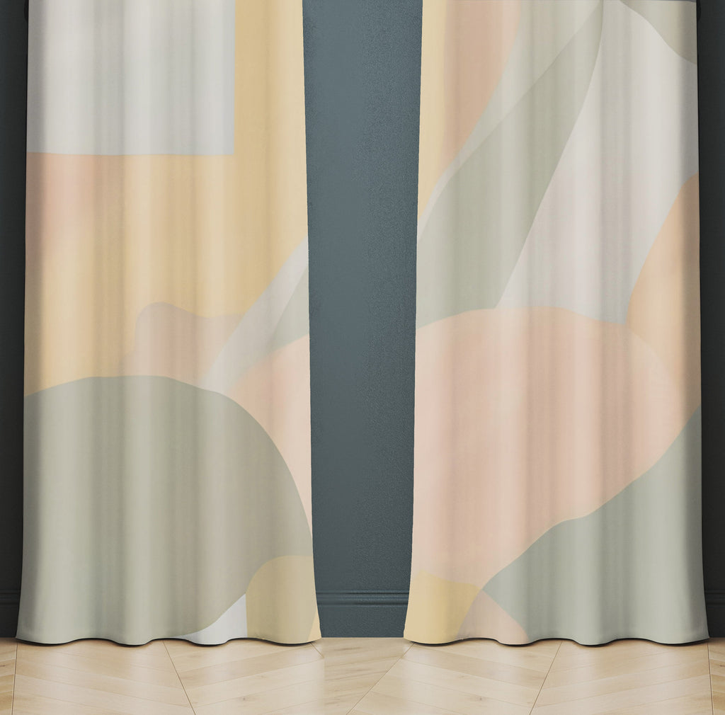 Minimalist Window Curtain - Muted Tan and Green Geometric Shapes - Deja Blue Studios