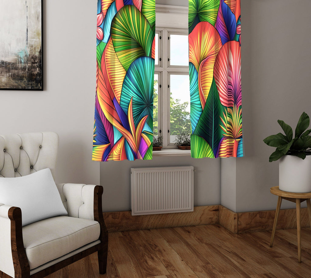 Abstract Window Curtain - Green and Orange Floral Fan Ferns - Deja Blue Studios