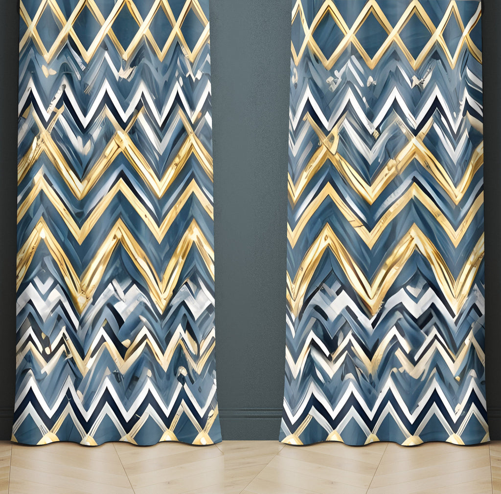 Abstract Window Curtain - Blue and Yellow Horizontal Chevron Stripes - Deja Blue Studios