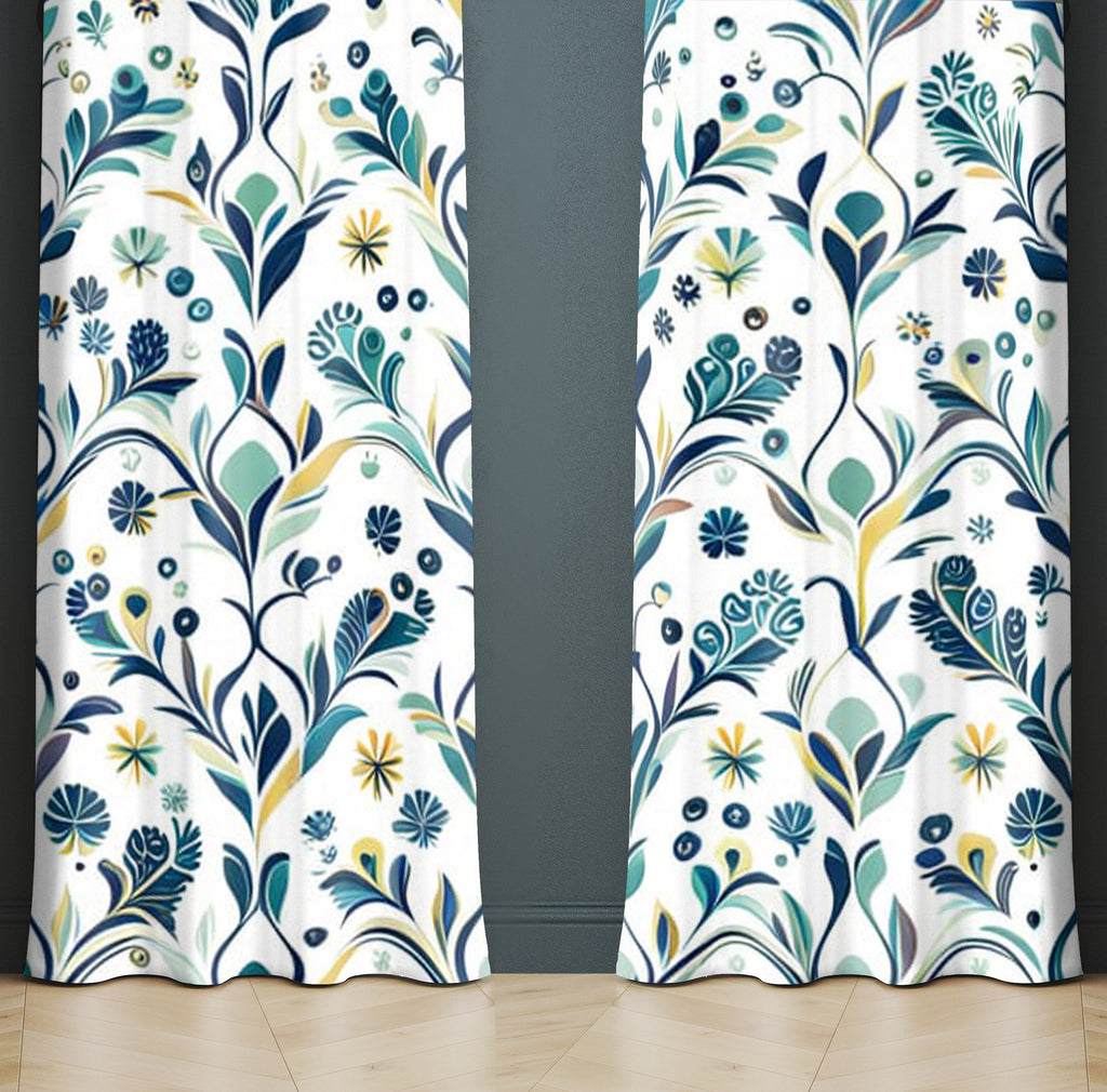 Floral Window Curtain - Blue and Yellow Paisley Floral and Ivy - Deja Blue Studios