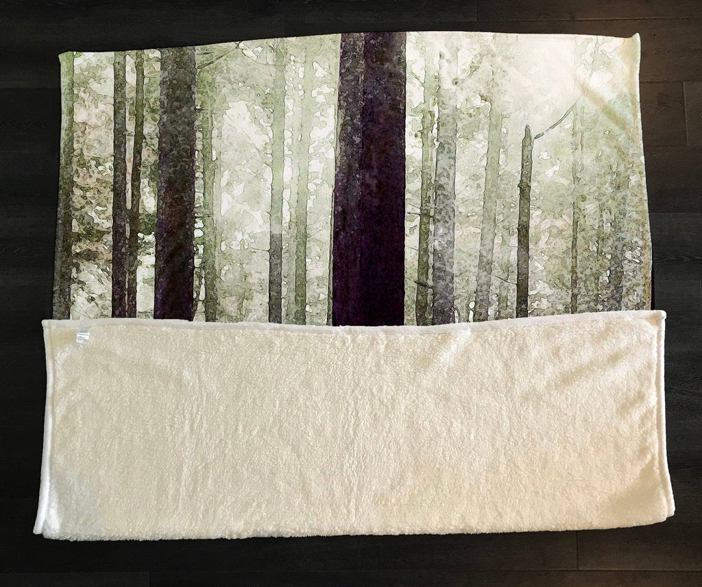 Misty Forest Trees Fleece Sherpa Blanket | Large 68" x 80" Size - Deja Blue Studios
