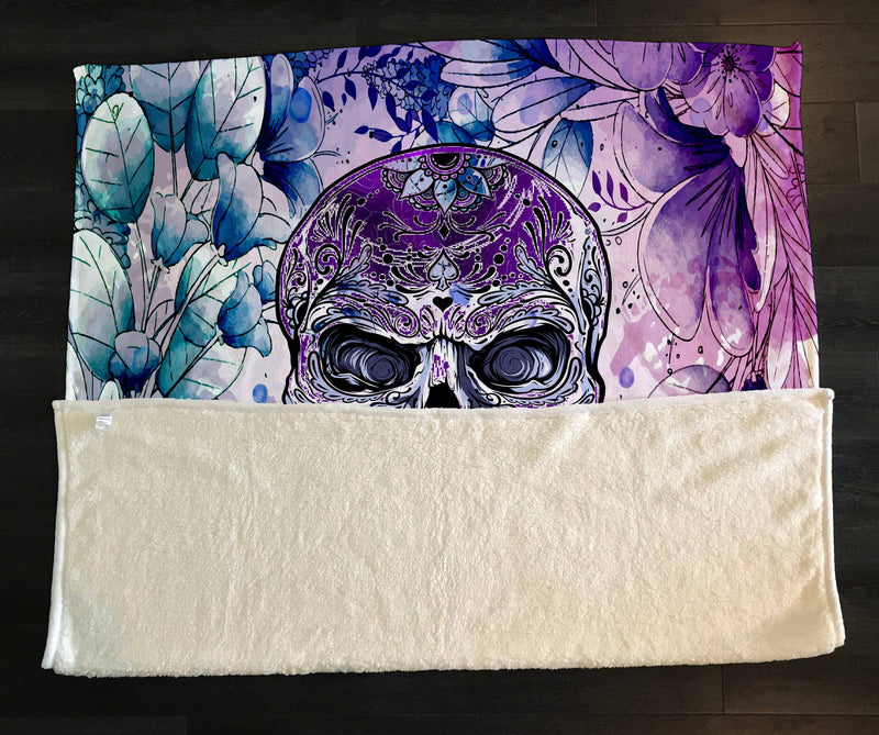 Watercolor Skull Fleece Sherpa Blanket | Large 68" x 80" Size - Deja Blue Studios