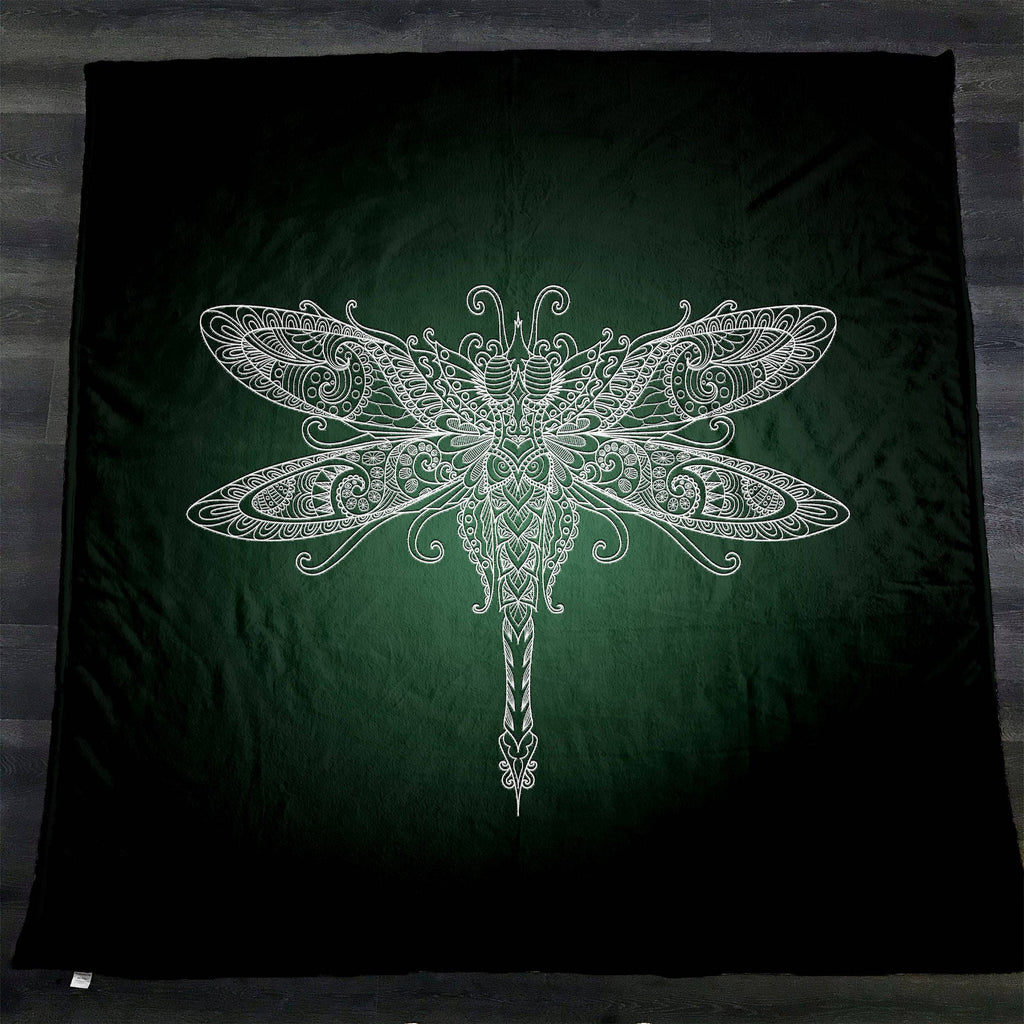 Black and Green Gradient Dragonfly Fleece Sherpa Blanket | Large 68" x 80" Size - Deja Blue Studios