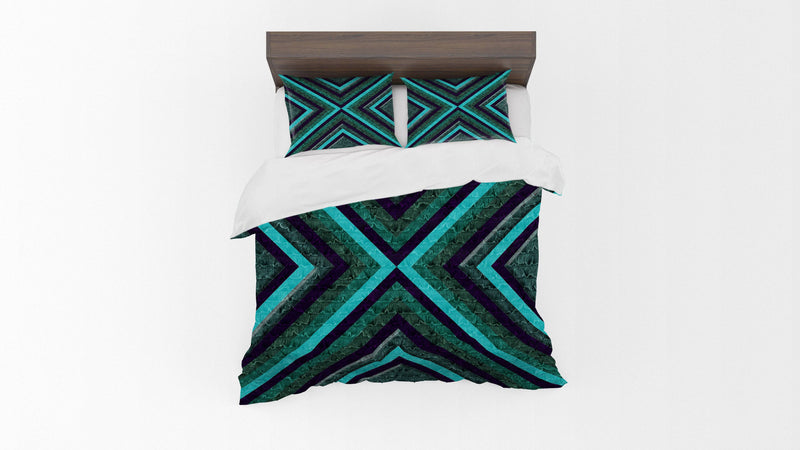 Geometric Green Cross Pattern Comforter or Duvet Cover Bedding - Deja Blue Studios