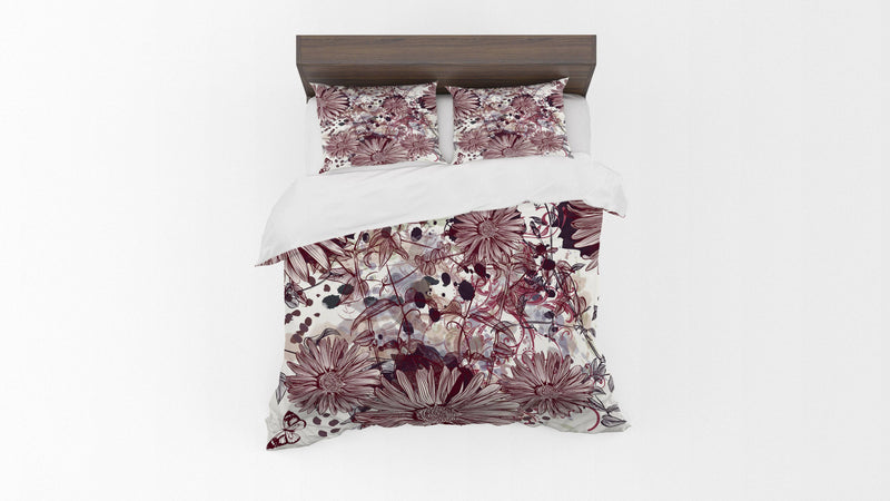 Burgundy and Beige Floral Comforter or Duvet Cover - Deja Blue Studios