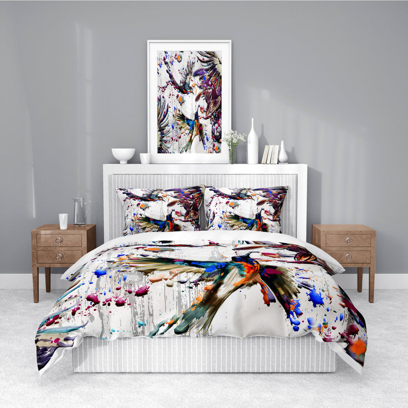 Ink Splatter Flying Birds Comforter or Duvet Cover | Twin, Queen, King Size - Deja Blue Studios