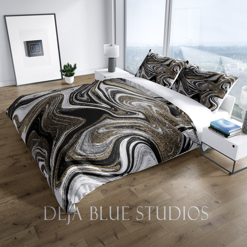 Black, Gray and Gold Color Swirl Comforter or Duvet Cover | "The White Tiger" | Twin, Queen, King Size | Abstract Bedding - Deja Blue Studios