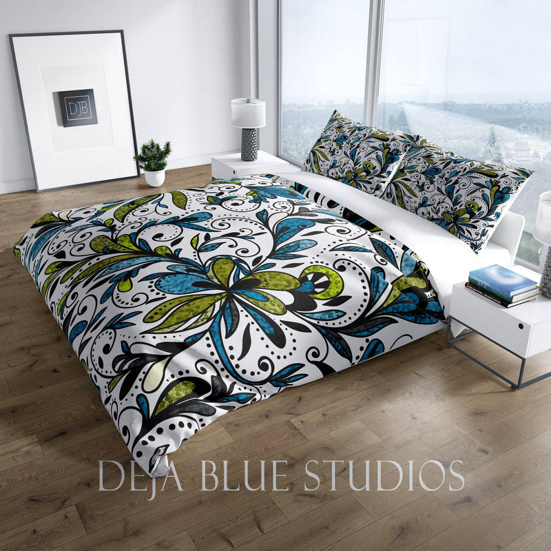 Colorful Blue and Green Glitter Floral Comforter or Duvet Cover - Deja Blue Studios