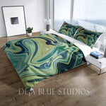 Marble Swirl Boho Watercolor Design Bedding | Green and Yellow - Deja Blue Studios