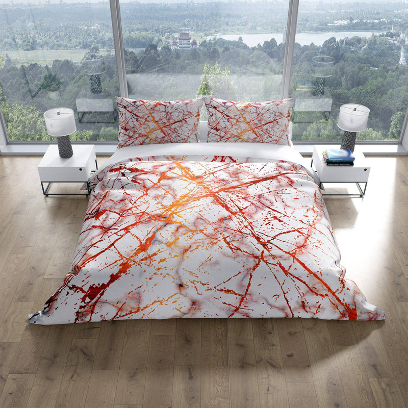 Red and Orange Ink Splatter Marble Comforter or Duvet Cover | Colorful Print - Deja Blue Studios